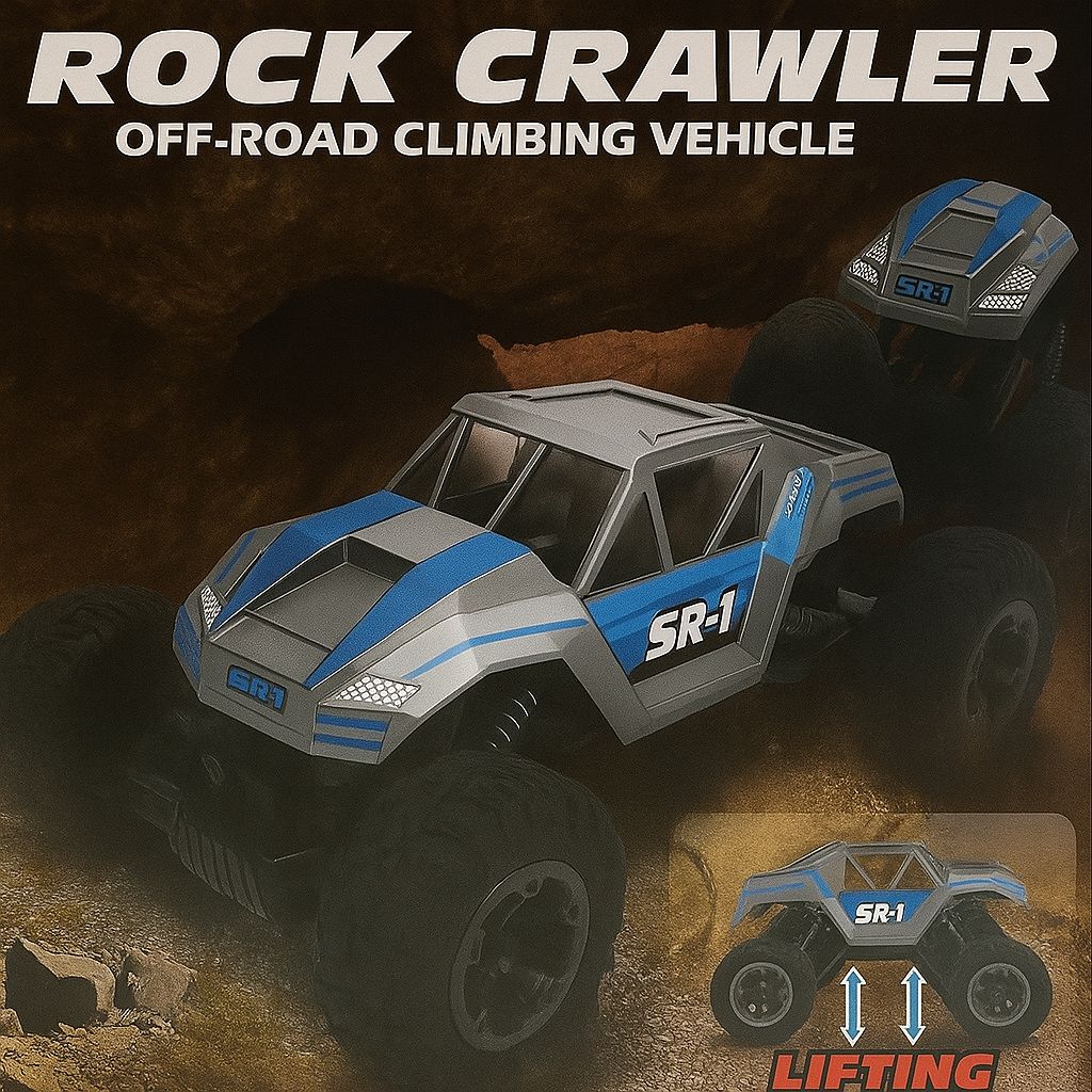 Remote control off-road toy vehicle with large wheels designed for climbing rough terrain and rocky surfaces.