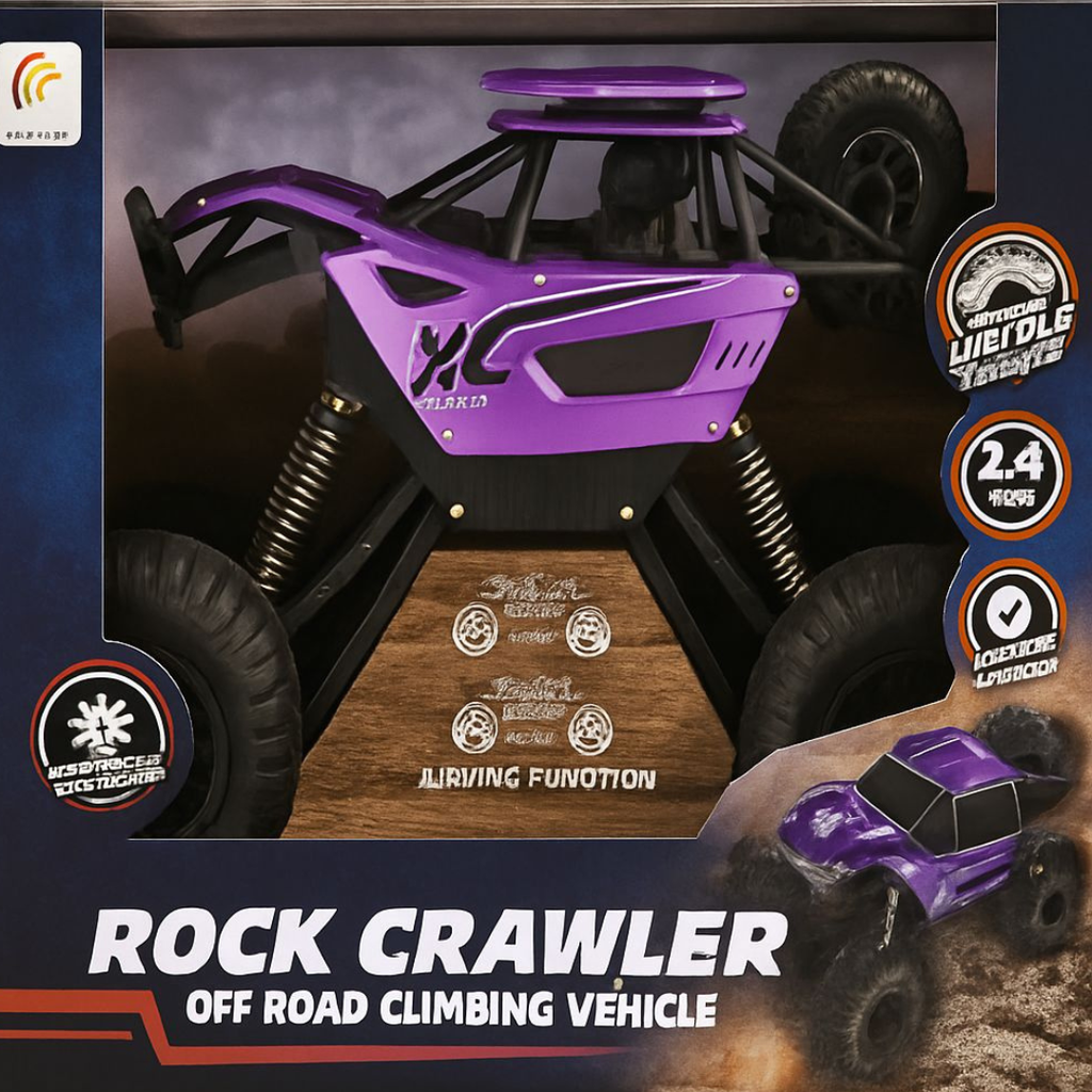 Remote control off-road toy vehicle with large suspension wheels designed for climbing rough terrain and outdoor play.
