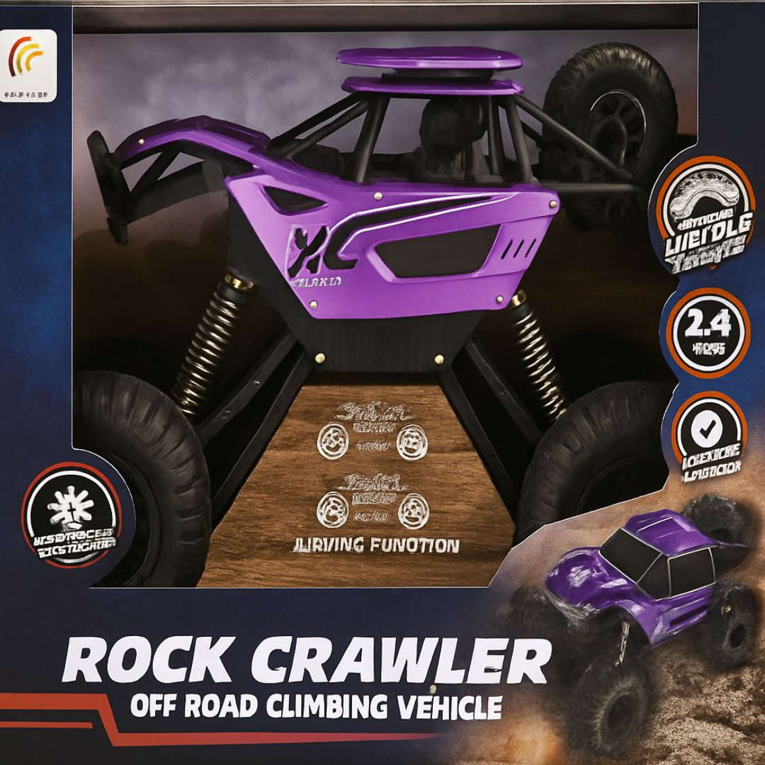 Remote control off-road toy vehicle with large suspension wheels designed for climbing rough terrain and outdoor play.